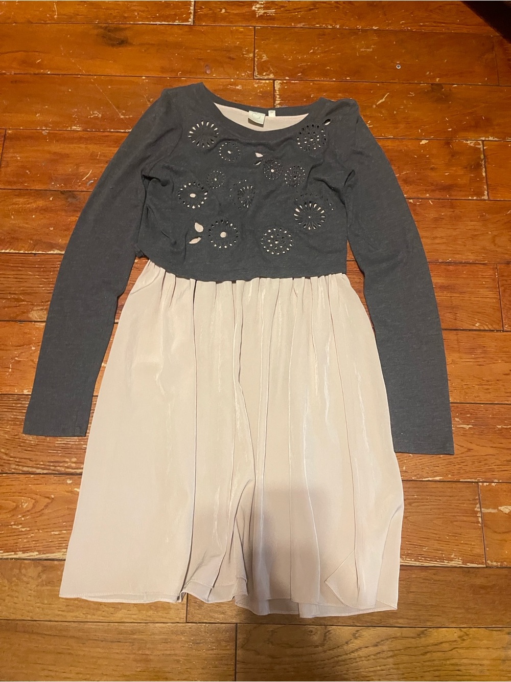 Girls Two-Tone Long-Sleeve Dress in Charcoal and Light Pink